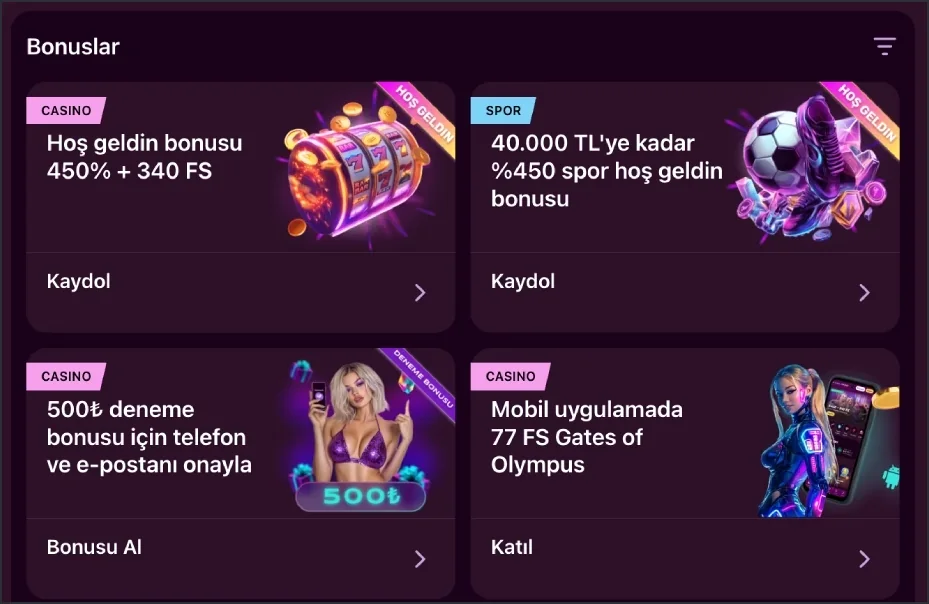 Bonuses tab with CASINO and SPOR labelled welcome bonus, trial bonus and mobile app bonus cards