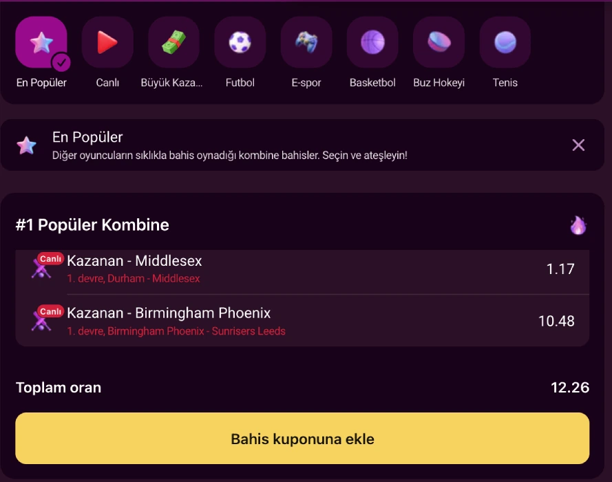 Live betting screen with a Popular Combo slip, two selections and a total odds line