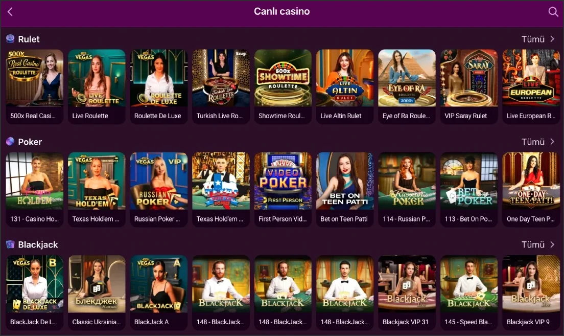 Live Casino tab listing Roulette, Poker and Blackjack table thumbnails in a row
