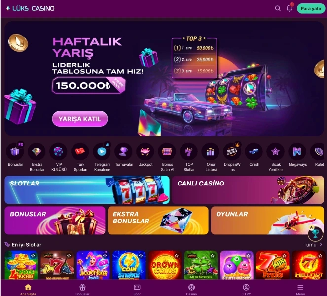 Luks Casino main lobby screen with a Weekly Race banner, quick category icons and a Top Slots row