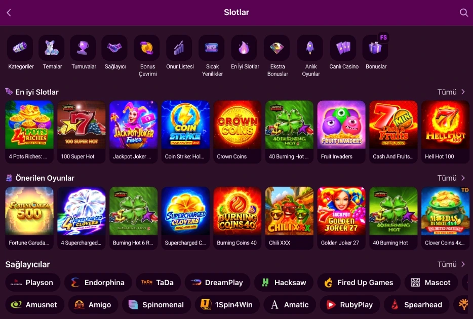 Slots tab showing Top Slots and Recommended Games rows alongside provider badges